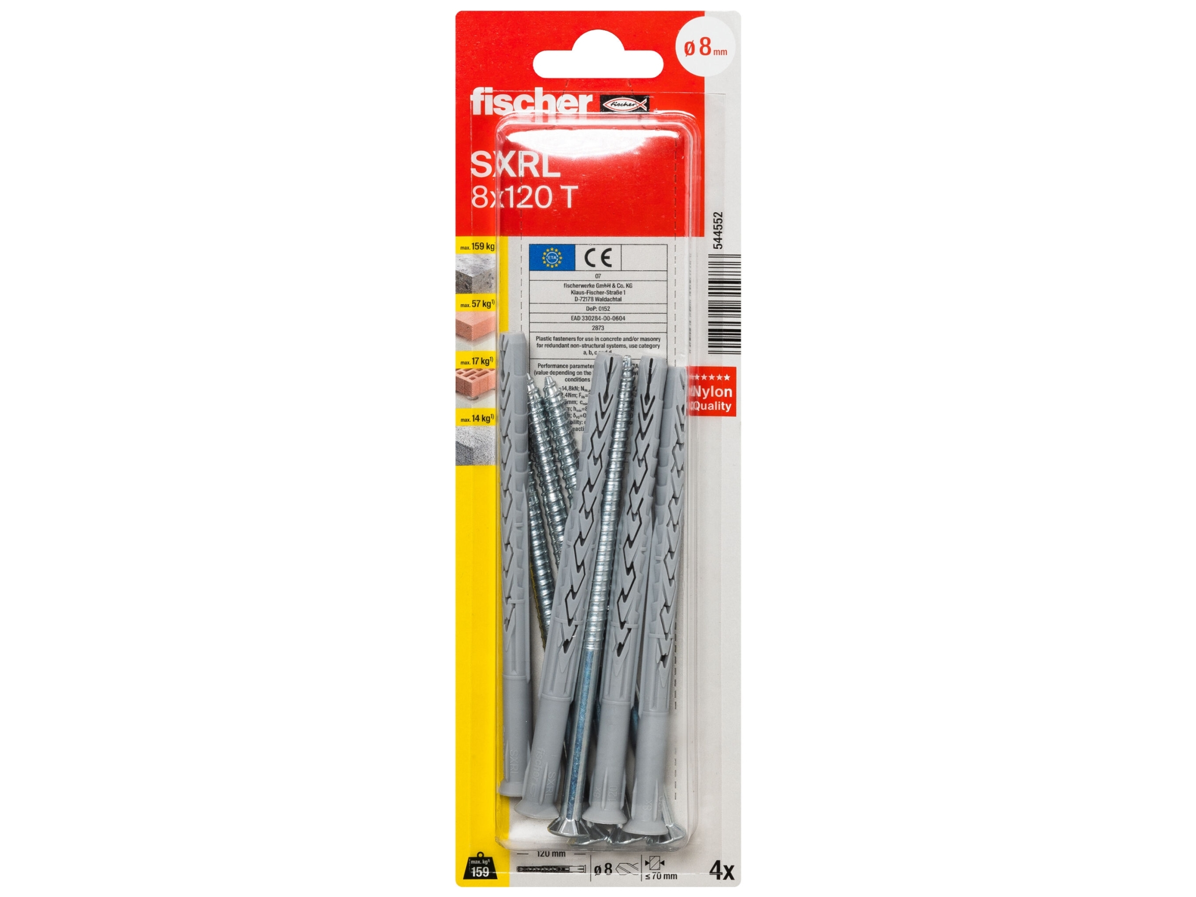 Fischer Sxrl 8 X 120 T K Nv Dyvel Med Langt Skaft Mm 544552 1 Sæt, 4 Stk
