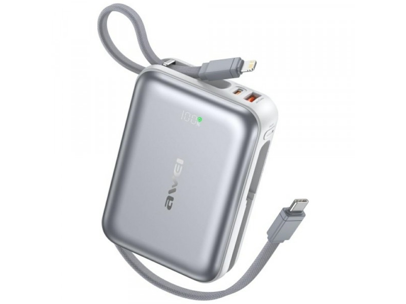 Powerbank Awei C03 20000 Mah 45 W Usb-A/Usb-C + Kabel Lightning/Usb-C Sølv