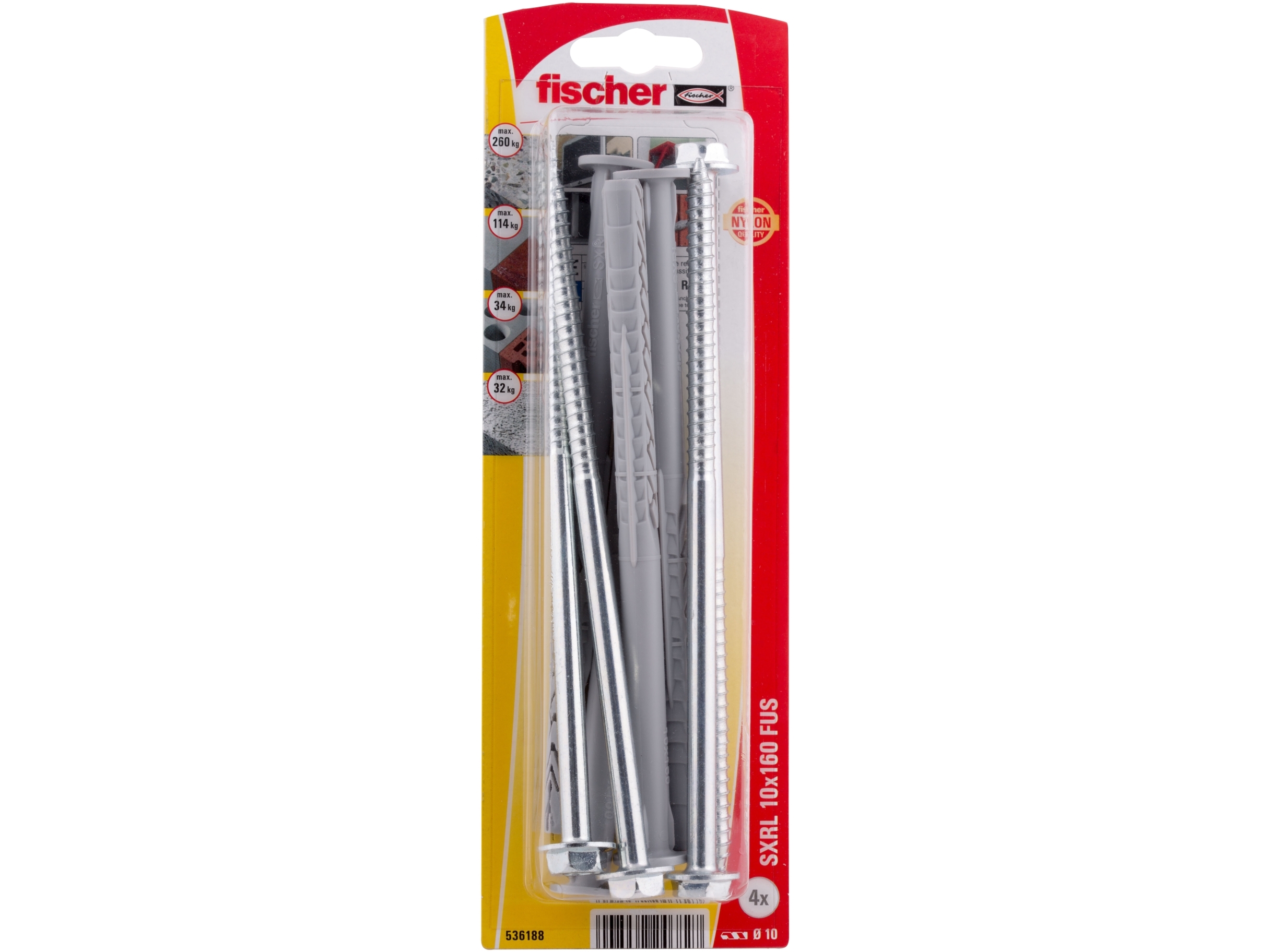 Fischer Sxrl 10 X 160 Fus K Nv Dyvel Med Langt Skaft Mm 536188 1 Sæt, 4 Stk