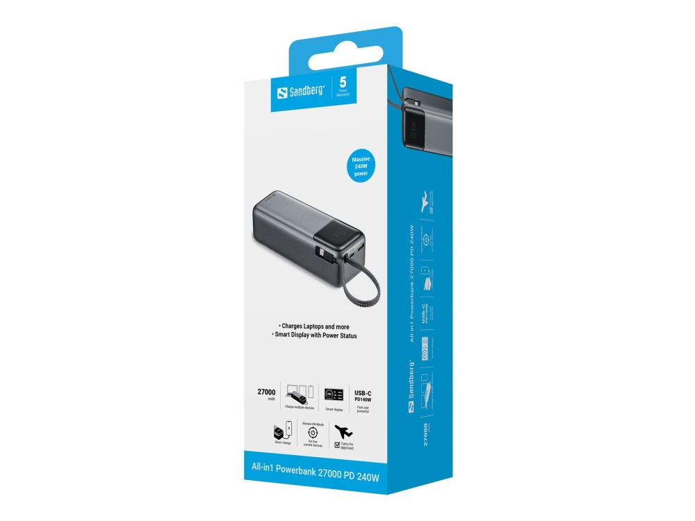 Sandberg All-in-1 - Powerbank - 5 / 9 / 12 / 15 / 20 / 28 V - 240 Watt - Litium-polymer - 27000 mAh - 97.2 Wh - output-stikforbindelser: 2