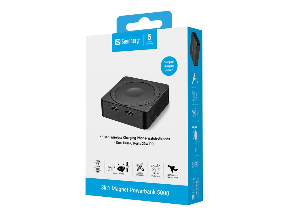 Sandberg 421-28, 5000 Mah, Kabelloses Aufladen, 20 W, Schwarz