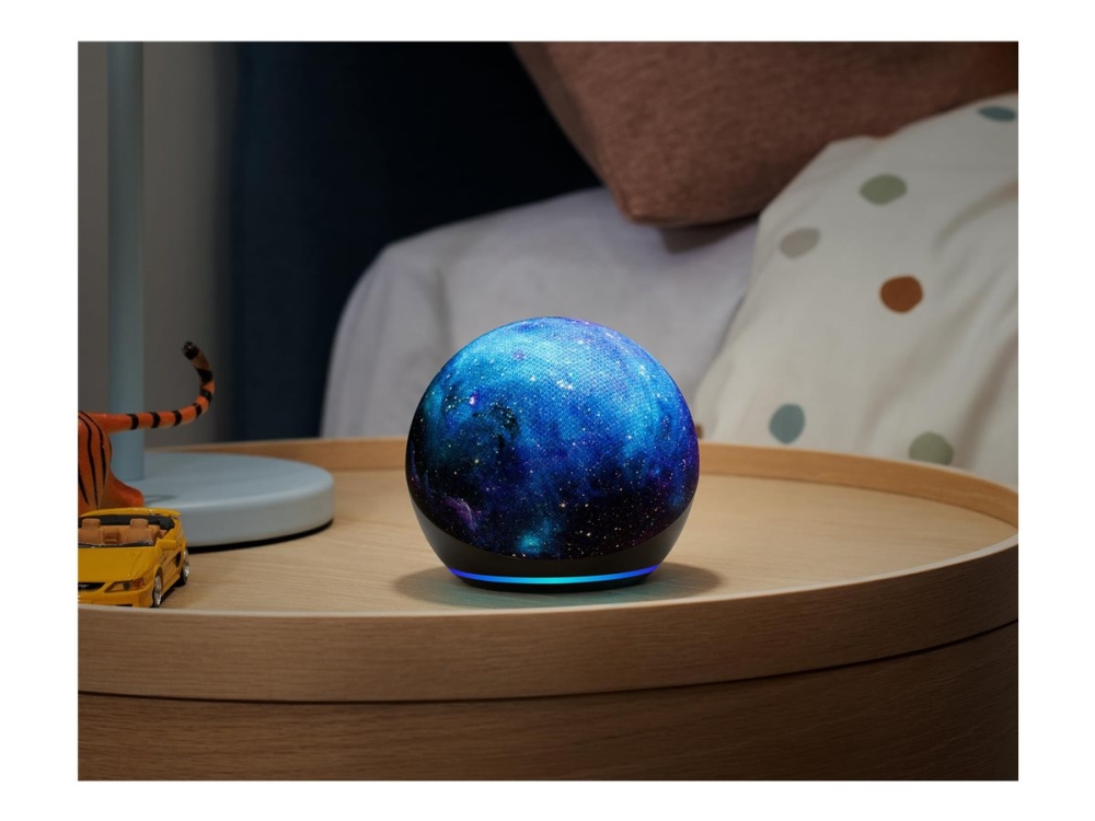 Amazon Echo Dot Kids (5th generation), Amazon Alexa, Pyöreä, Sininen, Rainbow Swirl, Kangas, Kierrätetty muovi, Saksa, Englanti, Espanja, Ranska, Italia