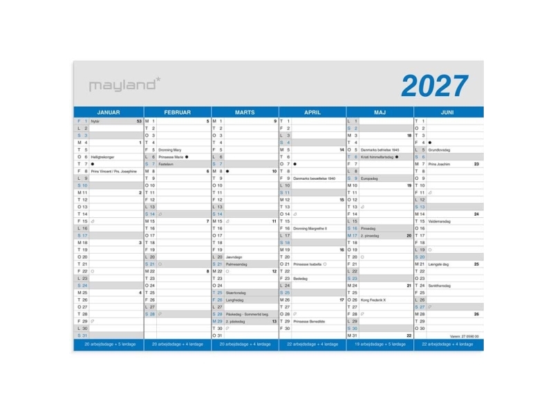 Vægkalender, Mayland, Classic, A4, 297 x210mm år: 2027, Flerfarvet