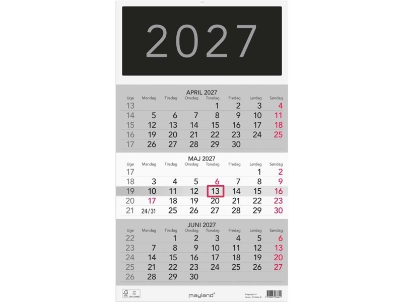 Vægkalender, Mayland, 285x362mm år: 2027, Flerfarvet,