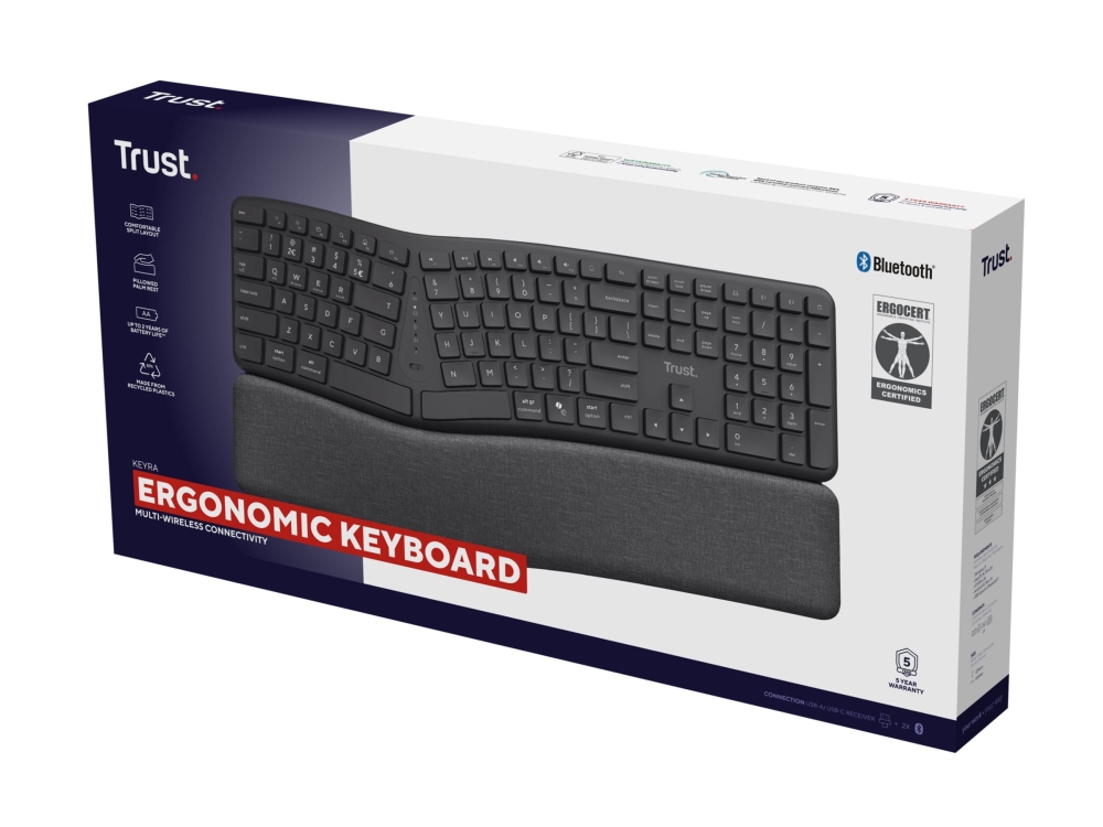 Trust Keyra - Tastatur - Full Size - Trådløs - 2.4 Ghz, Bluetooth - Qwerty - Usa - Sort - Boks