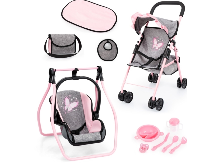 Bayer Bayer Bayer Vauvan nukenvaunut vaaleanpunaiset ja harmaat lisävarusteineen 21533AC