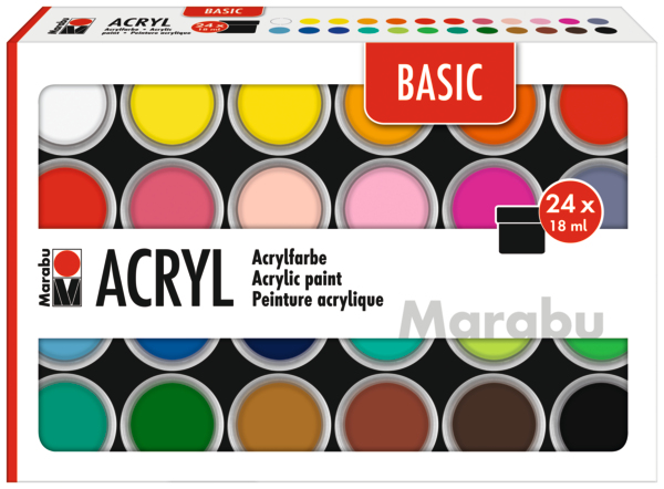 Marabu Basic, 18 Ml, Schwarz, Burgund, Grün, Magenta, Ocker, Pink, Rot, Rose, Vermilion, Weiß, Gelb, Topf, Wasserfest