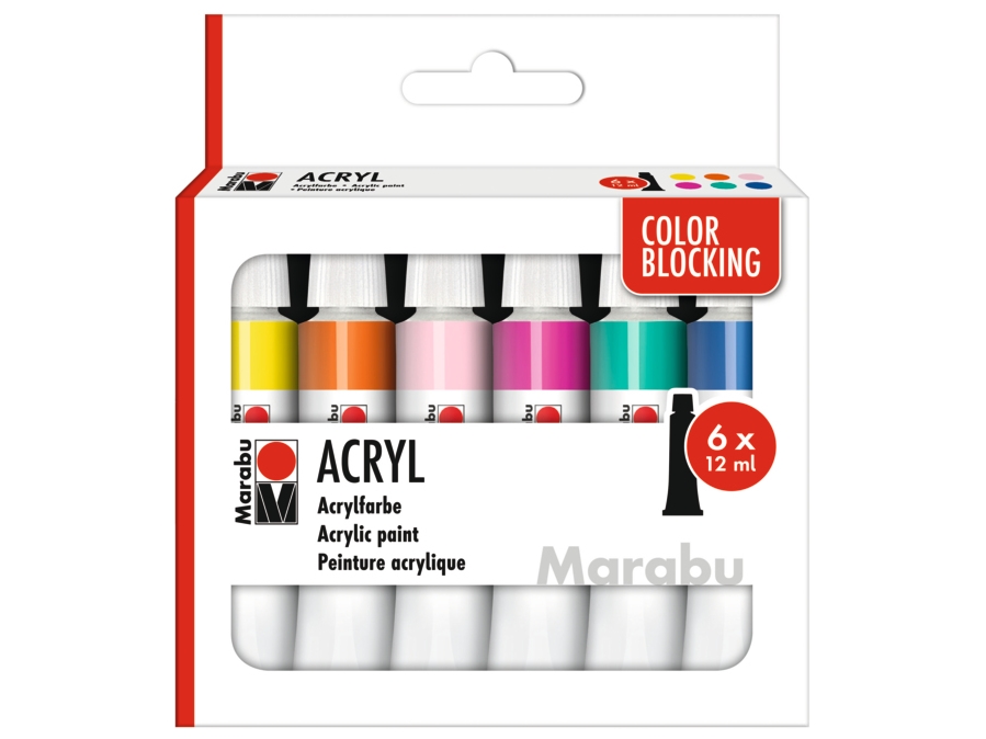 Marabu Color Blocking, 12 Ml, Aquamarin, Cyan, Magenta, Pink, Rot, Gelb, Tube
