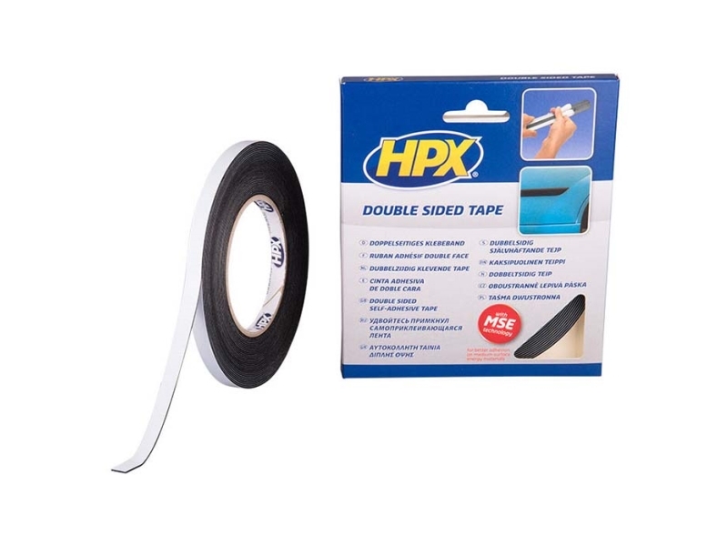 HPX dobbeltklæbende tape sort, 9mm x 10m