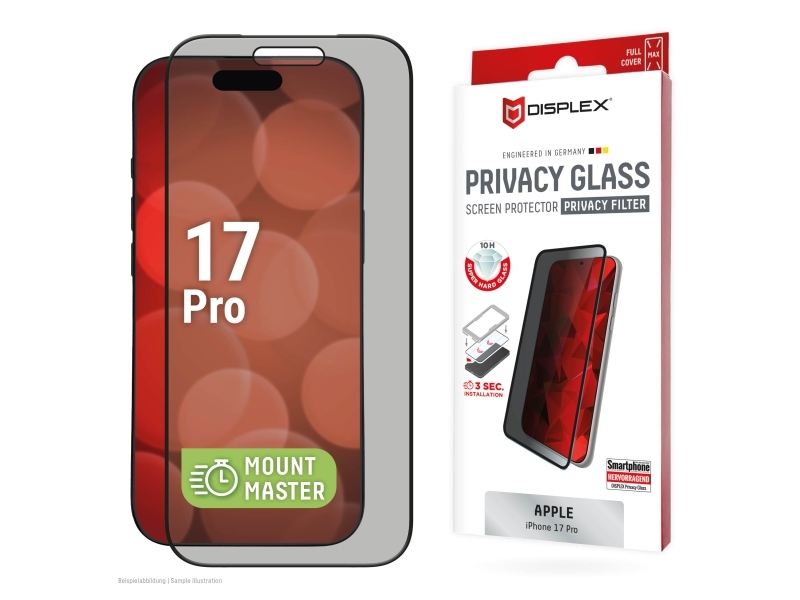 Displex Privacy Panzerglas (10H) Für Apple Iphone 17 Pro,Mountmaster Privacy Filter, Apple, Iphone 17 Pro, Stoßfest, Staubresistent, Schlagfest, Krat