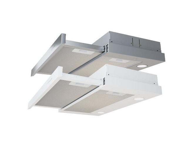 EXHAUSTO Ulosvedettävä liesituuletin ESL235WER, ulosvedettävä liesituuletin valkoisella etupuolella, sähköinen vaimennin, tehostustoiminto ja esiasennettu kaapeli potentiaalivapaalle releelle.