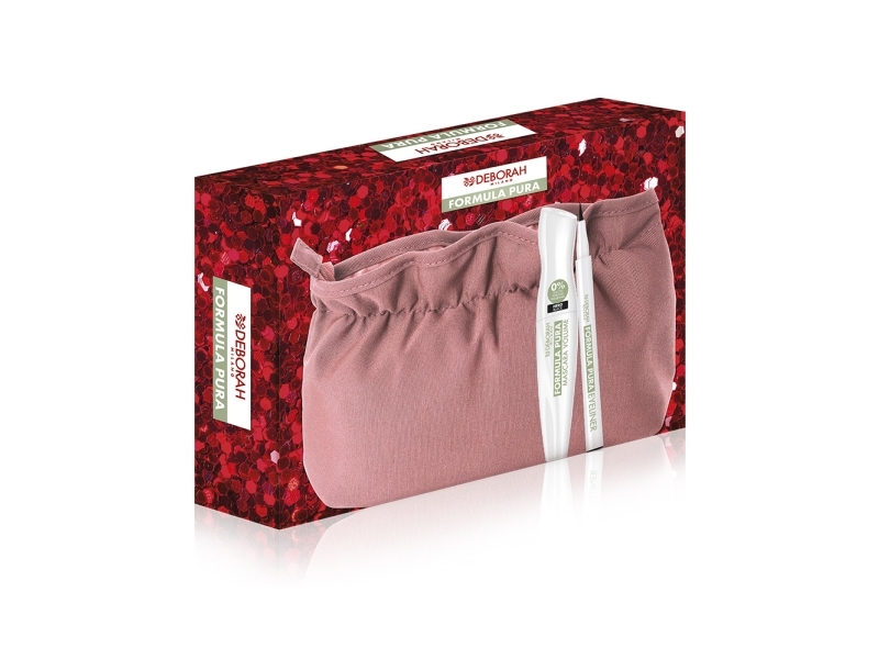 Deborah sæt: Formula Pura Volumizing mascara (Black) 12 ml + Formula Pura Gel Pencil Eyeliner (Black) 1,5 g + makeuppung, pink