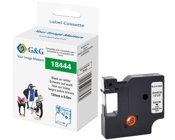 G&G Skriftbånd Vinyl Båndfarve: Hvid Skriftfarve: Sort 12 mm 5.5 m