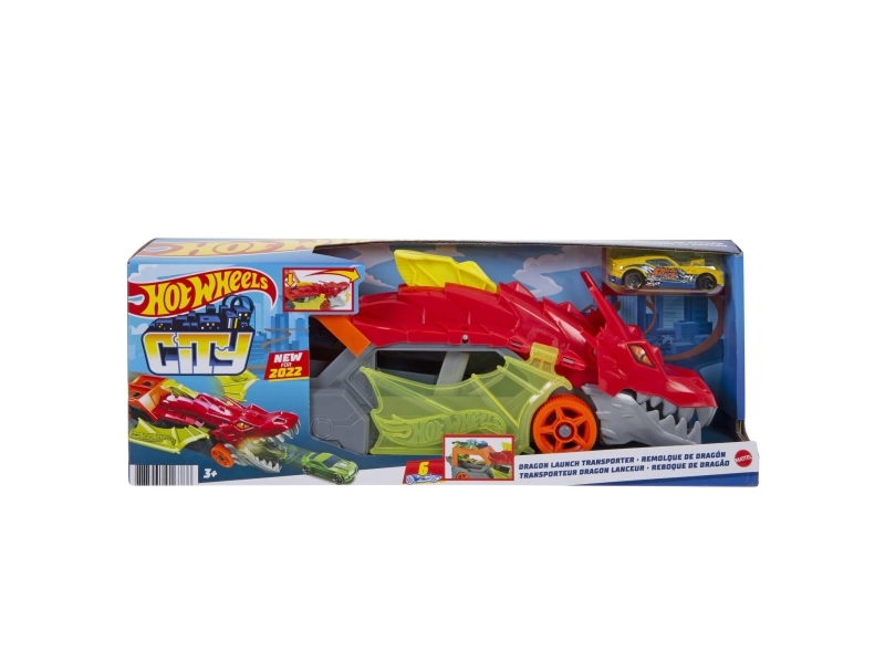 Hot Wheels City -drageaffyringstransporter, spytter biler fra sin mund, gave til børn fra 3 år, Transporter, 3 År, Plast, Flerfarvet