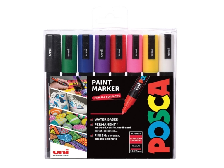 Färgmarkör, Uni-Ball POSCA PC-5M, 1,8-2,5 mm, assorterade färger, förpackning om 8 | Skrivredskap - Kulspetspennor & Reservoarpennor - Rullpennor | GameStuff