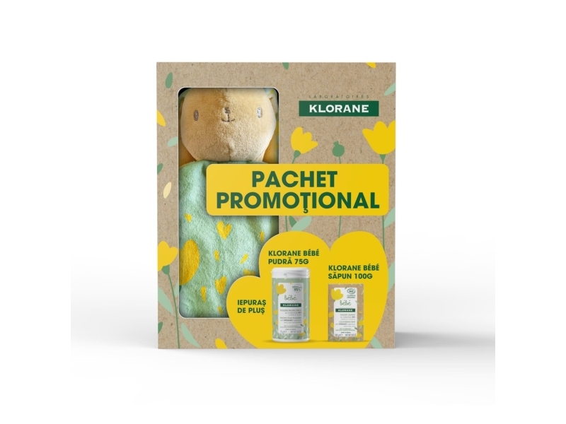 Klorane sæt: Baby Protective Body Powder 75 g + Baby Vegan Soothing Soap Bar til hår og krop 100 g + Bunny bamse (samler) til børn