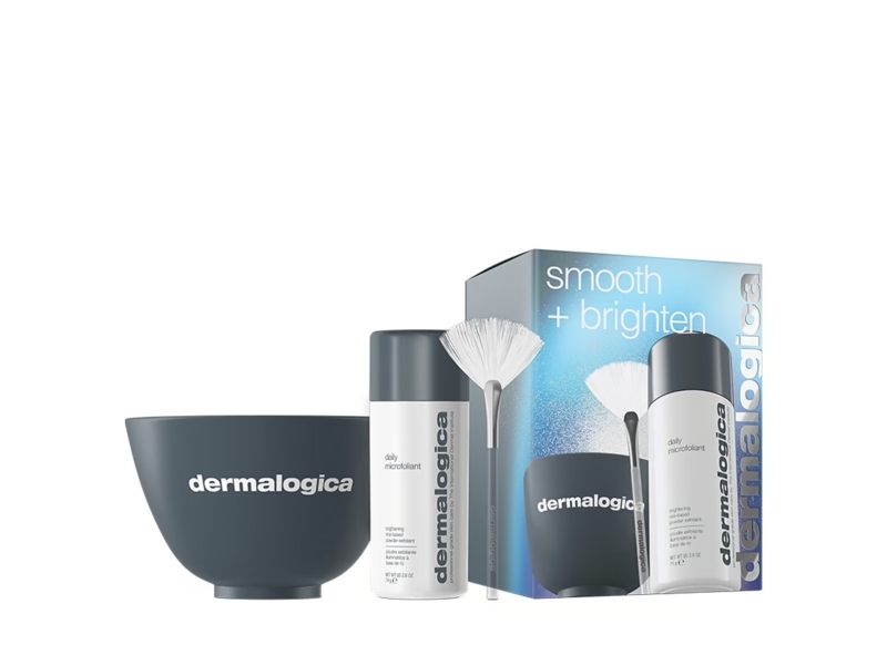 Dermalogica Smooth + Brighten-set: Daily Microfoliant + Masque Fan + Multi Face Brush + färgblandningsskål grå