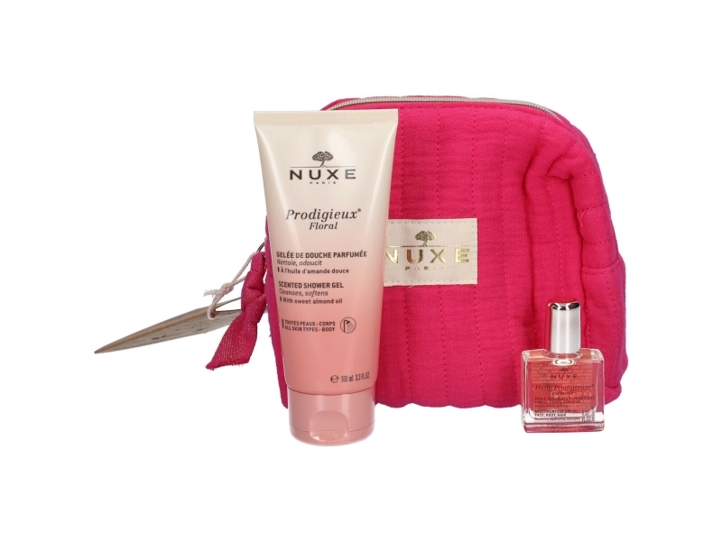 Nuxe sæt: Prodigieux Floral shower gel + Prodigieuse Florale body oil + tekstilpung (Pink)