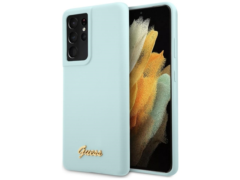 Guess Guhcs21llslmglb S21 Ultra G998 Blå/Blå Hard Case Silikone Script Metal Logo