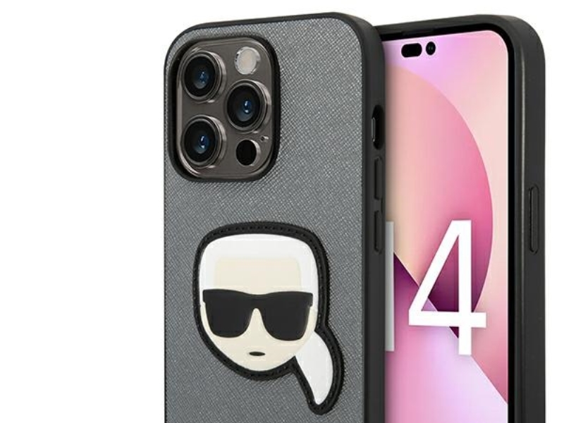 Karl Lagerfeld KLHCP14LSAPKHG iPhone 14 Pro 6.1 hopea/hopea kovakotelo Saffiano Karl`s Head Patch