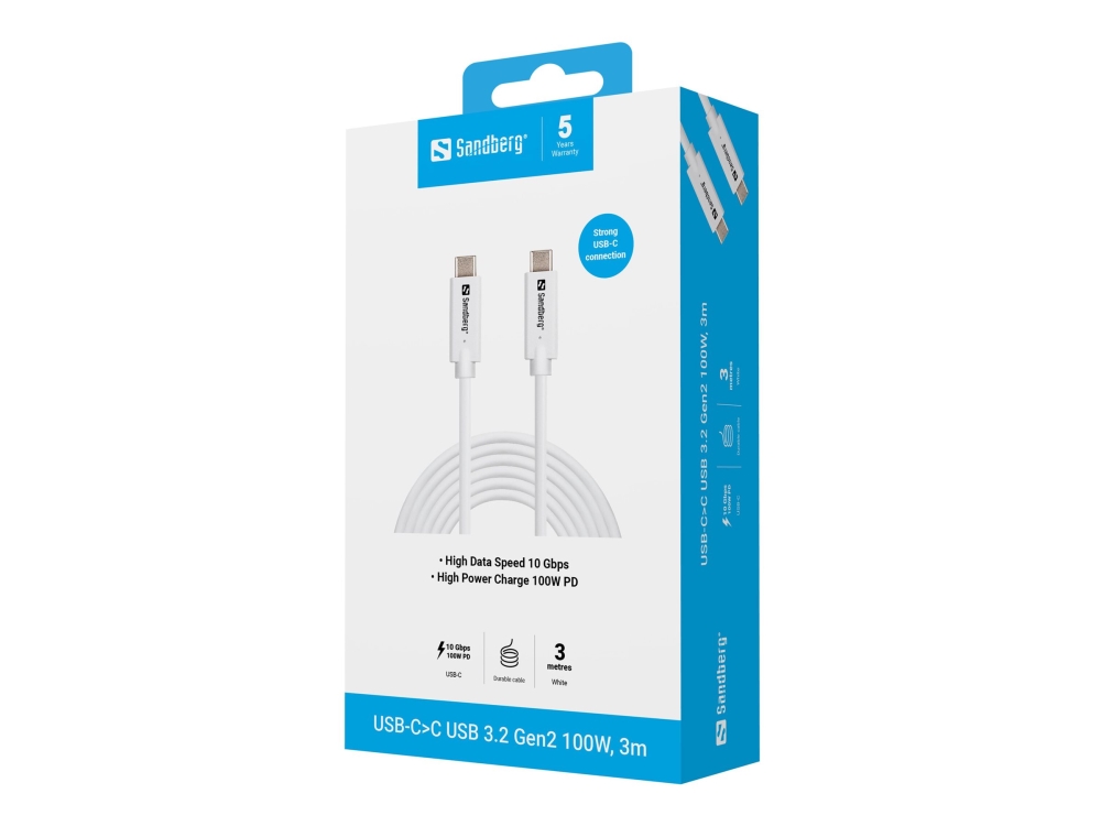 Sandberg - USB-kabel - USB-C (han) til USB-C (han) - USB 3.2 Gen 2 - 3 m - USB Power Delivery (100 W), op til 10 Gbps datatransferhastighed