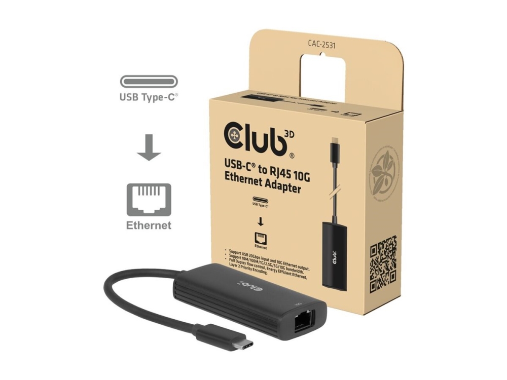 Club3d Usb-C Zu Rj45 10G Ethernet-Adapter M/F, Kabelgebunden, Usb 3.2 Gen 1 (3.1 Gen 1) Type-C, 10000,5000,2500,1000 Mbit/S, Schwarz, 10 Gbit/S, 76,