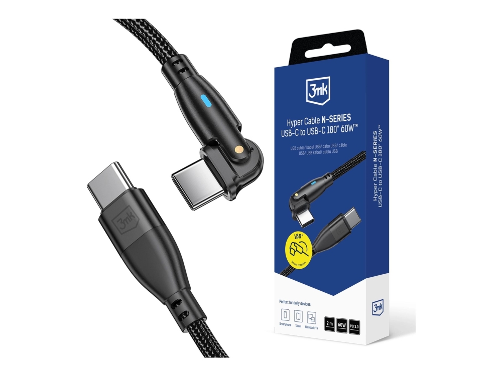 3Mk Hyper Cable N-Series - Usb-Kabel - Usb-C (Han) Til Usb-C (Han) Vinklet - Usb 2.0 - 20 V - 3 A - 2 M - Usb Power Delivery (60W) - Sort