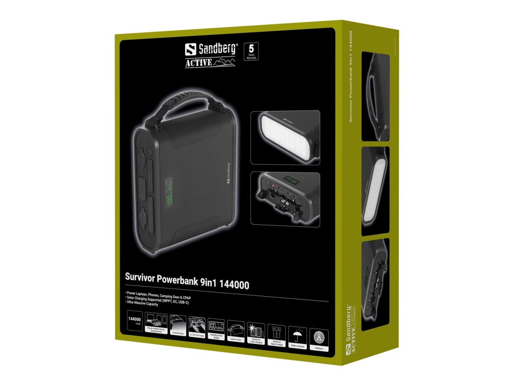 Sandberg Survivor 9in1 - Powerbank + AC-strømadapter - 144000 mAh - 460.8 Wh - 30 A - 7 output-stikforbindelser (2 x USB-C, 2 x USB, 2 x automobil-cigarettænder, Anderson) - på kabel: USB-C