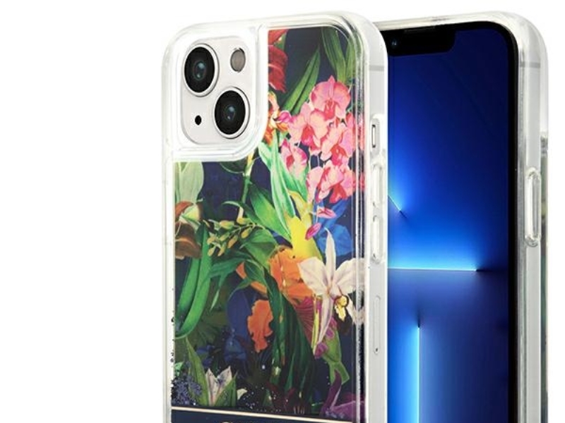 Guess GUHCP14SLFLSB iPhone 14 6.1&quot  sininen/sininen kovakotelo Kukka Nestemäinen glitteri