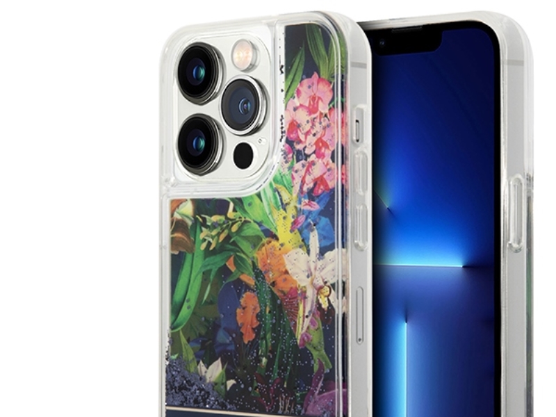 Guess Flower Liquid Glitter Cover Til Iphone 14 Pro Max - Blå