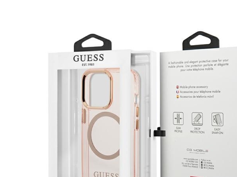 Guess Gold Outline Gennemsigtigt Magsafe Cover Til Iphone 13 Pro Max - Pink