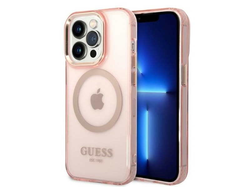 Guess Guhmp14lhtcmp Iphone 14 Pro 6,1" Hardcase Pink/Pink Mit Gold Outline, Transparentes Magsafe