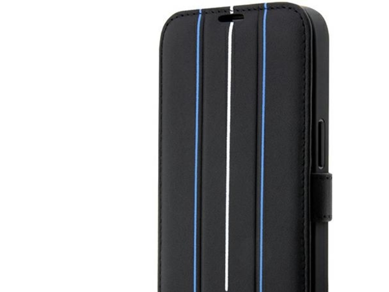 Hurtel Bmw Bmbkp14l22rvsk Case Für Iphone 14 Pro 6,1" Schwarz/Schwarz Buchregal-Lederstempel Blaue Linien