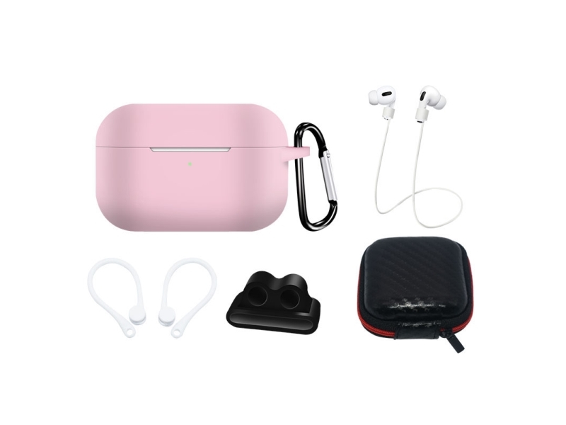 Silicone-etui-sæt til AirPods Pro 2 / AirPods Pro 1 – etui, ørekrog, halsrem, holder til urrem, karabinhage – pink