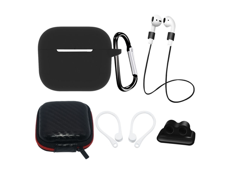 AirPods 3 silikonecover-sæt + etui/øre-krog/halsrem/urrem-holder/karabinhage - sort