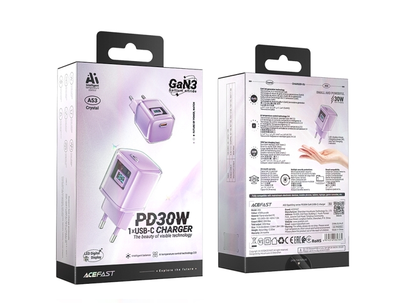 Acefast A53 Pd 30W Gan Usb-C Oplader Med Display - Lilla