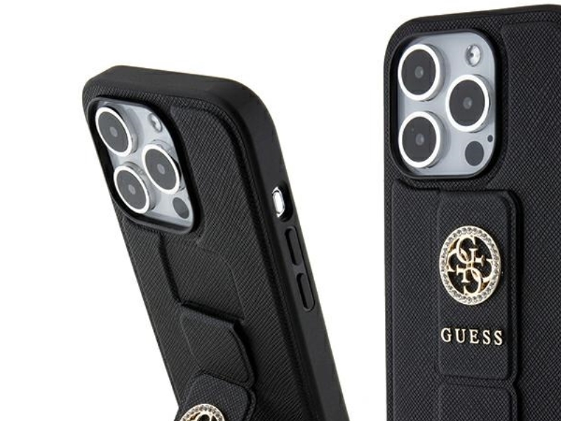 Guess Grip Stand 4G Saffiano Strass Case Für Iphone 15 Pro Max - Schwarz
