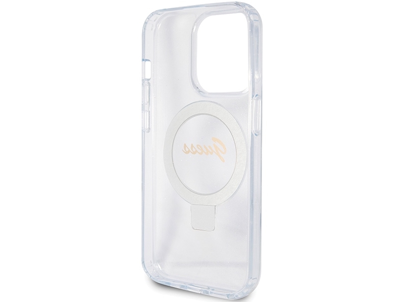Guess Ring Stand Script Glitter Magsafe-Cover Til Iphone 15 Pro - Gennemsigtig