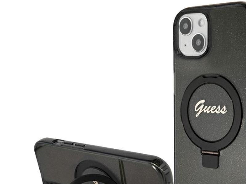 Guess Ring-Stand Script Glitter Magsafe Hülle Für Iphone 15 Plus / 14 Plus - Schwarz
