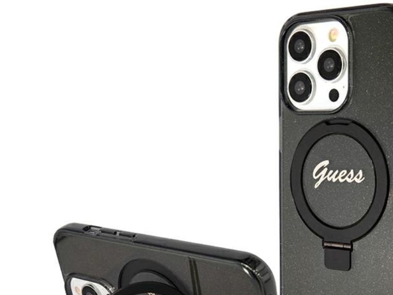 Guess Ring Stand Script Glitter Magsafe Hülle Für Iphone 15 Pro Max - Schwarz