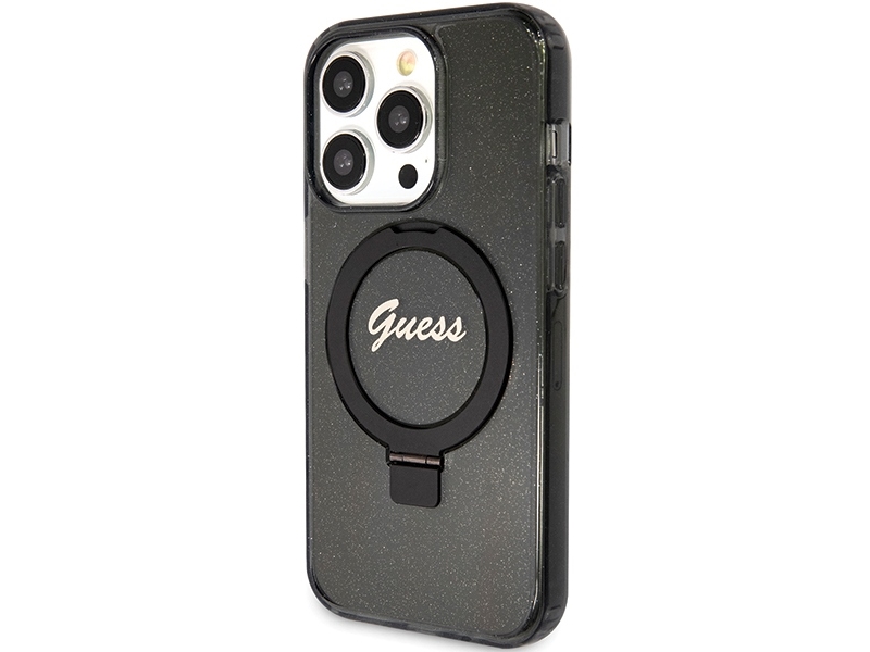 Guess Ring Stand Script Glitter Magsafe Cover Til Iphone 15 Pro Max - Sort