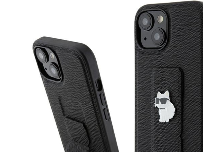 Karl Lagerfeld Gripstand Saffiano Choupette Pins Case Für Iphone 15 Plus / 14 Plus - Schwarz