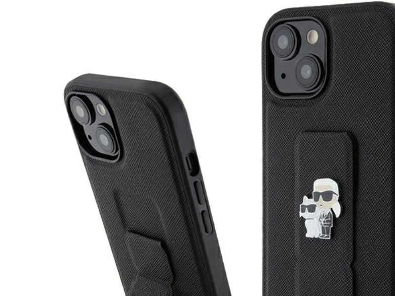 Karl Lagerfeld Gripstand Saffiano Karl&Choupette Pins Case Für Iphone 15 Plus / 14 Plus - Schwarz