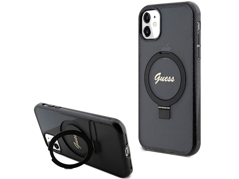 Hurtel Guess Ring Stand Script Glitter Magsafe Hülle Für Iphone 11 / Xr - Schwarz
