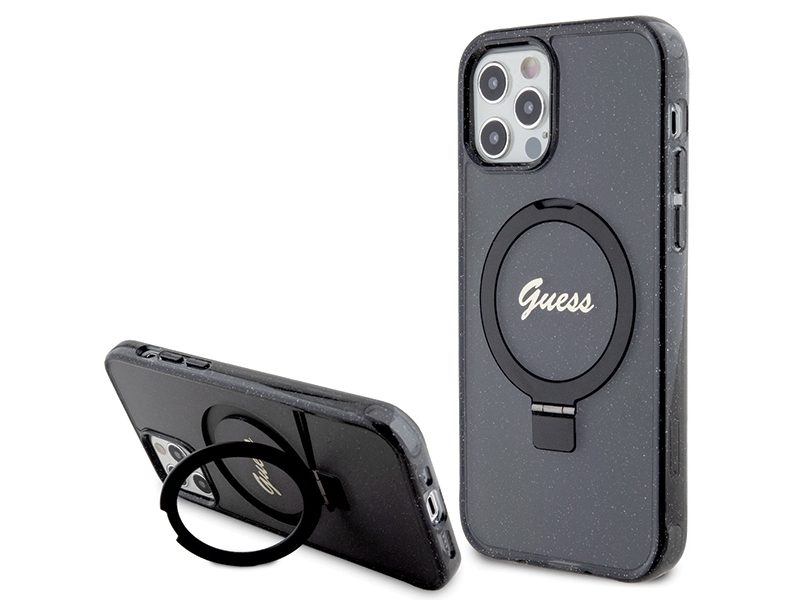 Guess Ring Stand Script Glitter Magsafe Hülle Für Iphone 12/12 Pro - Schwarz