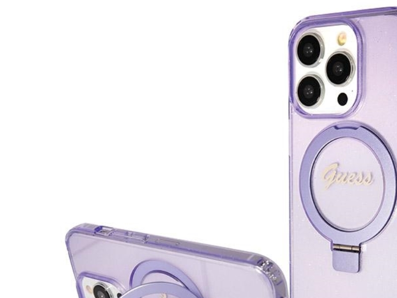 Guess Ring-Ständer Script Glitter Magsafe Case Für Iphone 14 Pro Max - Lila