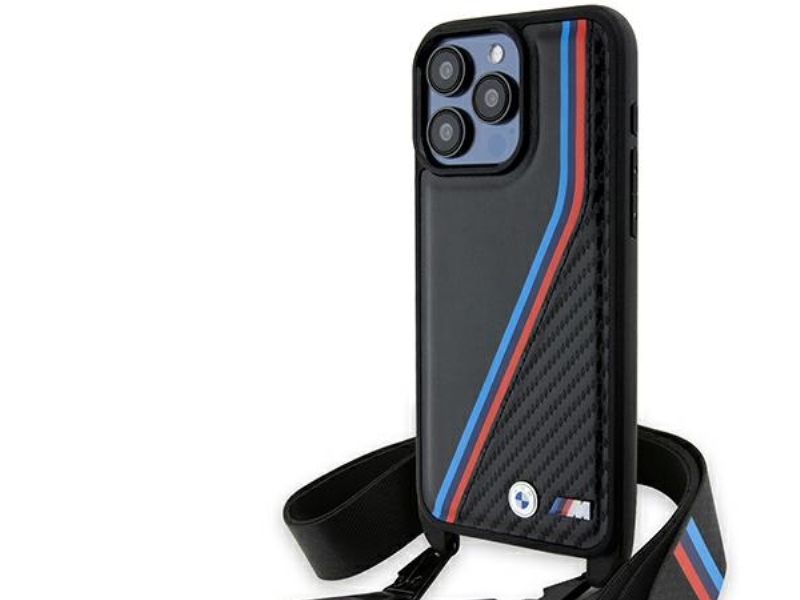 Bmw M Edition Carbon Tricolor Lines & Strap Cover Til Iphone 15 Pro Max - Sort