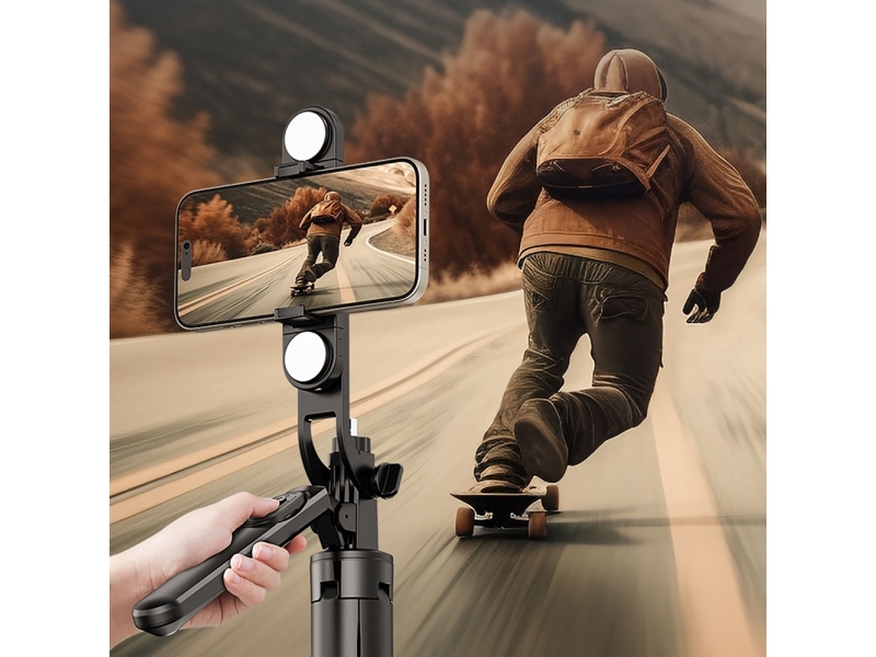 Wozinsky Selfie stick WH181D-Y1S Telescopic Tripod 1.75m Aluminum Alloy with Dual Lamp and Phone Holder - Black