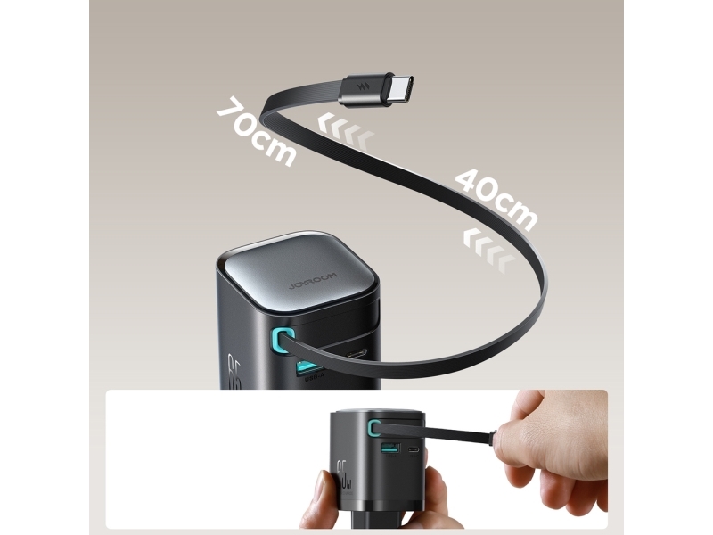 Joyroom Jr-Tcl02 65W Usb-A Usb-C Gan-Netzteil Mit Integriertem Usb-C-Kabel - Schwarz