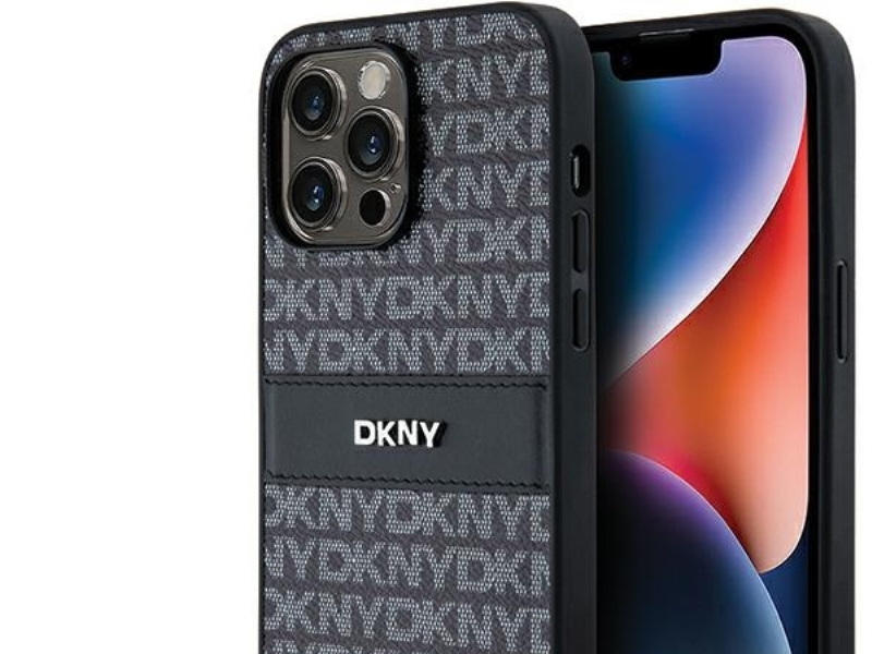 DKNY lædermono stribe & metal logo cover til iPhone 14 Pro Max - sort
